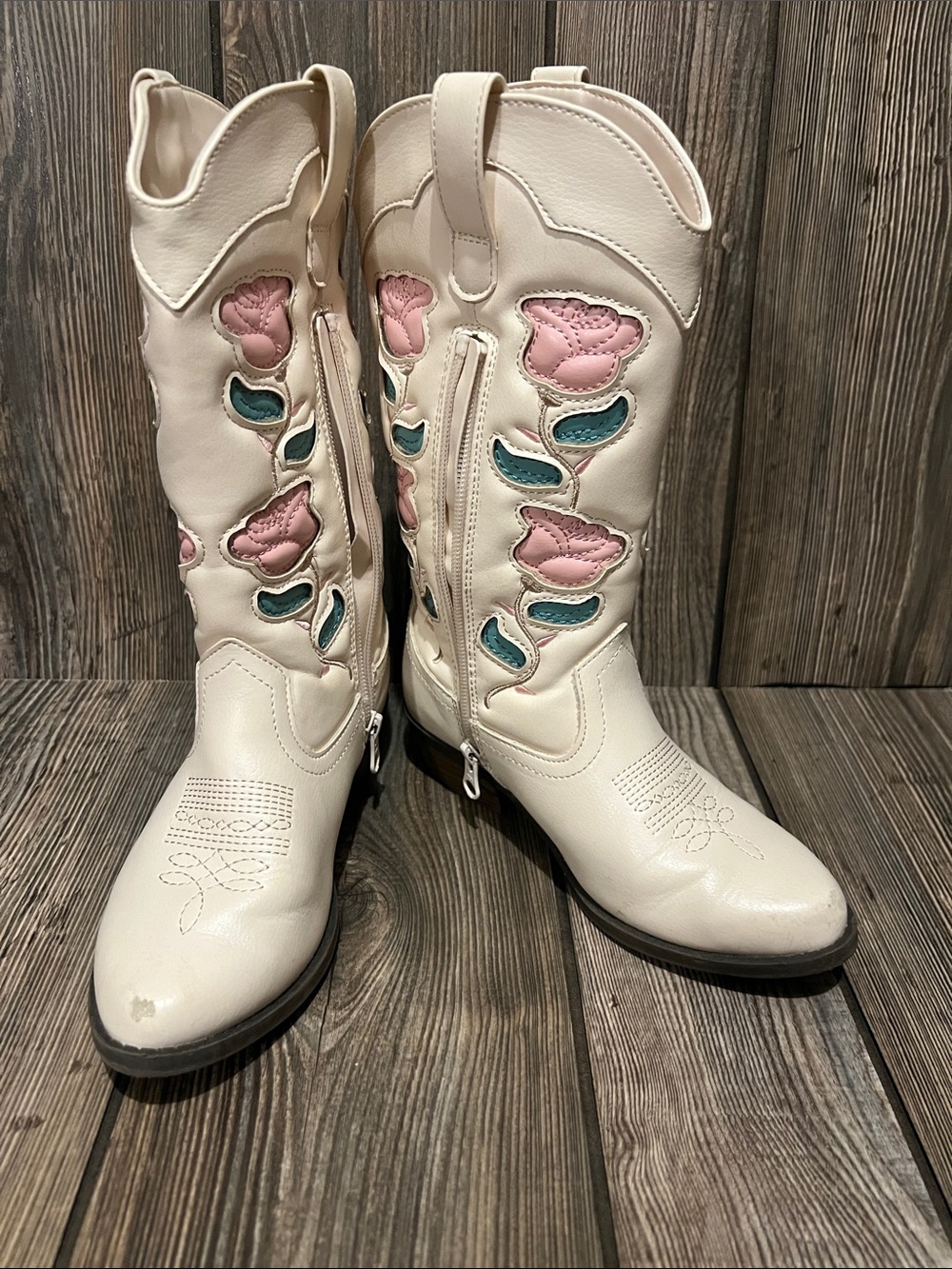Source Unknown Cream Kids Western Boots with Pink & Teal Floral Appliqué